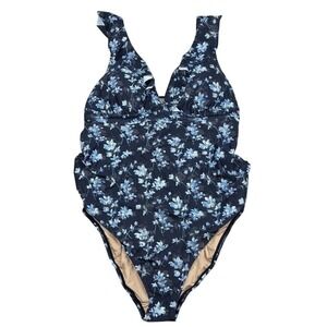 A Pea‎ in the Pod One Piece Maternity Swimsuit Blue Floral Ruffle Tie Back XS